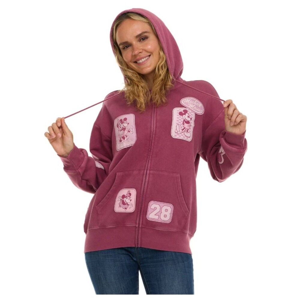 NEW NWT Pinkish Red Sz XS Multi-Patch MICKEY & MINNIE MOUSE Hooded Jacket DISNEY - Picture 4 of 8